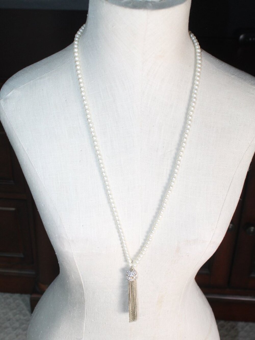 J Crew Pearl and Crystal Tassel Fringe Beaded Pendant 30” Long Necklace